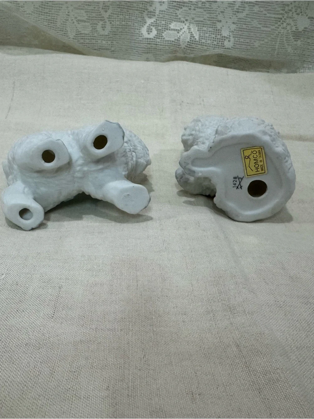 Homco White Ceramic Kittens with Blue and Peach Bows